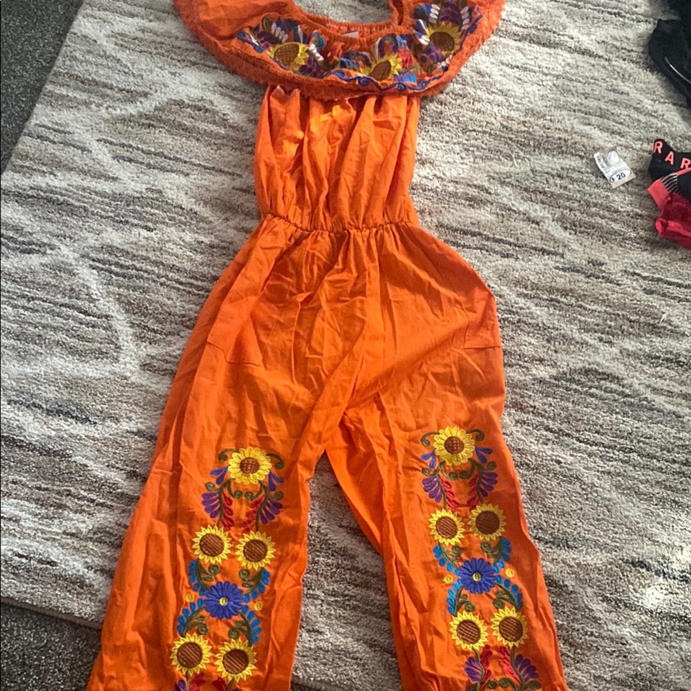NWOT Vibrant Orange Embroidered Jumpsuit